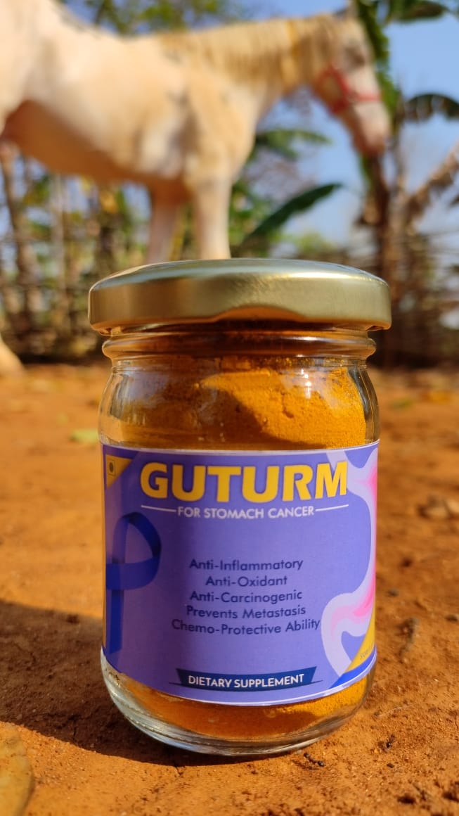 Guturm, a pure root turmeric-based dietary supplement from Bagdara Farms, cultivated and harvested in the middle of Bandhavgarh Tiger Reserve, Madhya Pradesh. Guturm supports stomach health and is a natural remedy for stomach cancer