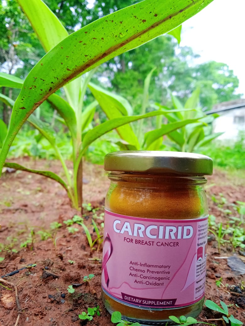 A bottle of Carcirid, a turmeric-based supplement for breast cancer treatment and prevention