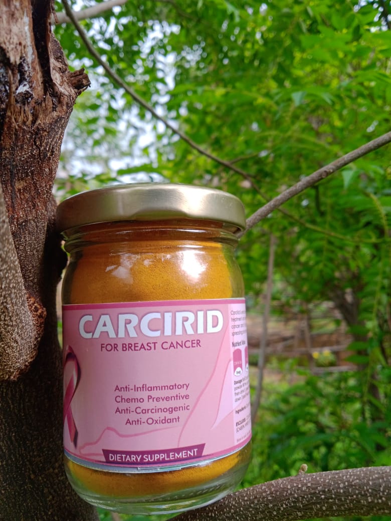 A bottle of Carcirid, a turmeric-based supplement for breast cancer treatment and prevention from Bagdara Farms.