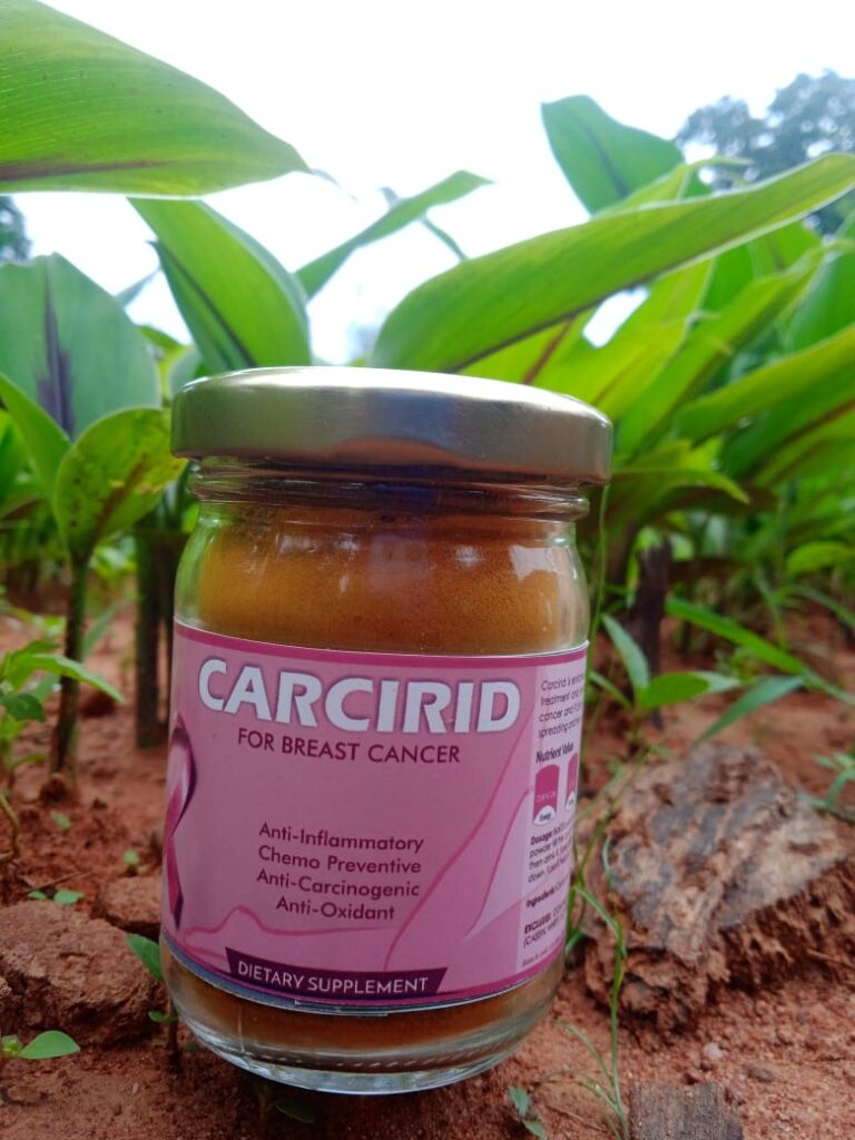 Bottle of Carcirid, a turmeric-based supplement for metastatic breast cancer treatment and prevention from Bagdara Farms.